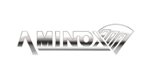 Logo AMINOX argenté métallique sur fond noir, avec un symbole graphique stylisé en forme de diamant ou d'éventail 3D.