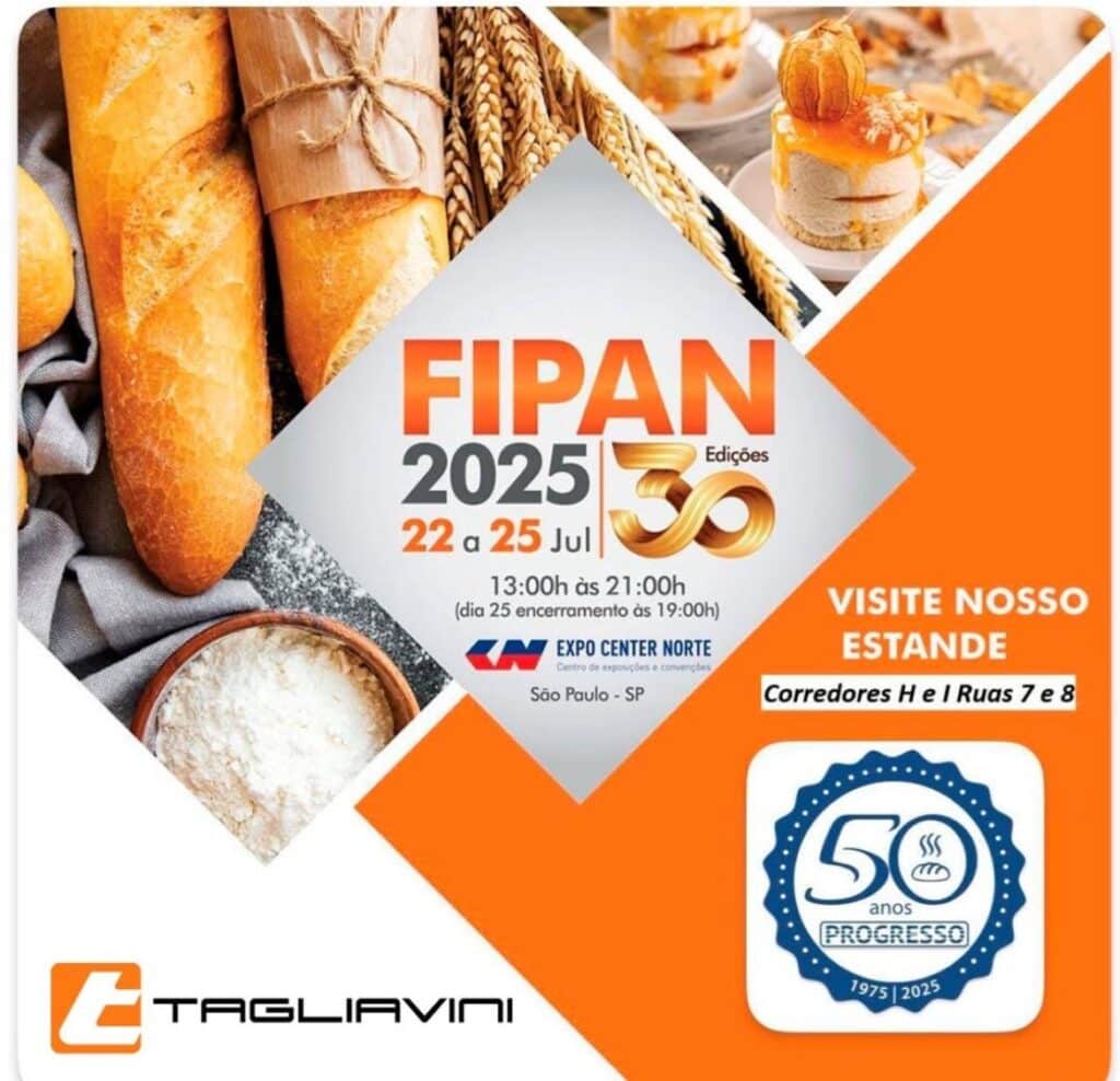 Pain, blé, pâtisseries. Annonce FiPAN 2025, du 22 au 25 Juil à São Paulo. Visitez le stand Tagliavini d'équipements de boulangerie.