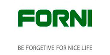 Logo vert de la marque FORNI avec un 'O' carré, accompagné du slogan gris 'BE FORGETIVE FOR NICE LIFE'.