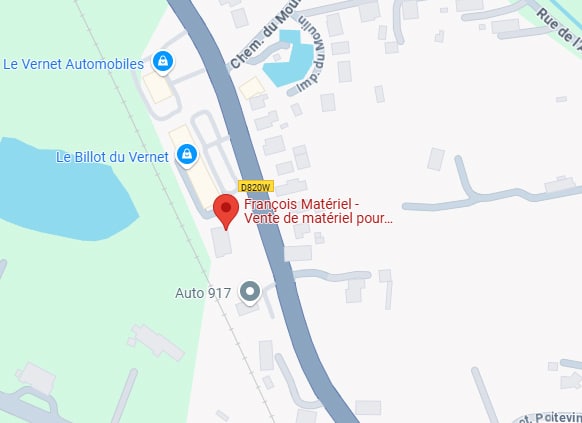 Carte du magasin François Matériel (D820W) et ses environs : Le Vernet Automobiles, Le Billot du Vernet, Auto 917, avec la mention 'Vente de matériel pour...'