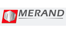 Logo MERAND: un hexagone argenté stylisé sur fond rouge carré, suivi du nom "MERAND" en lettres grises.