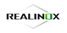 Logo de la marque REALINOX sur fond noir. Le nom est inscrit en gris avec un 'O' vert vif, entouré d'un cadre hexagonal stylisé.