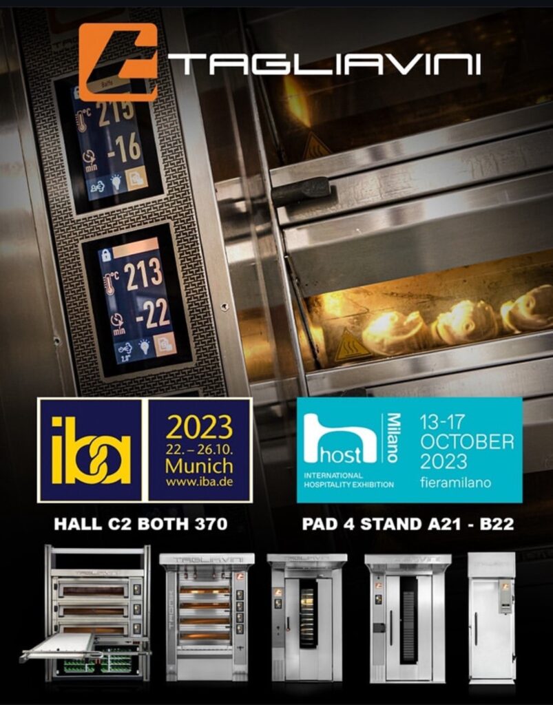 Publicité Tagliavini: fours de boulangerie professionnels avec écrans numériques et cuisson de produits. Présente IBA 2023 (Munich, 22-26 octobre) et Host Milano 2023 (13-17 octobre).